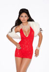 Deep V Lace Halter Dress - Red  - One Size